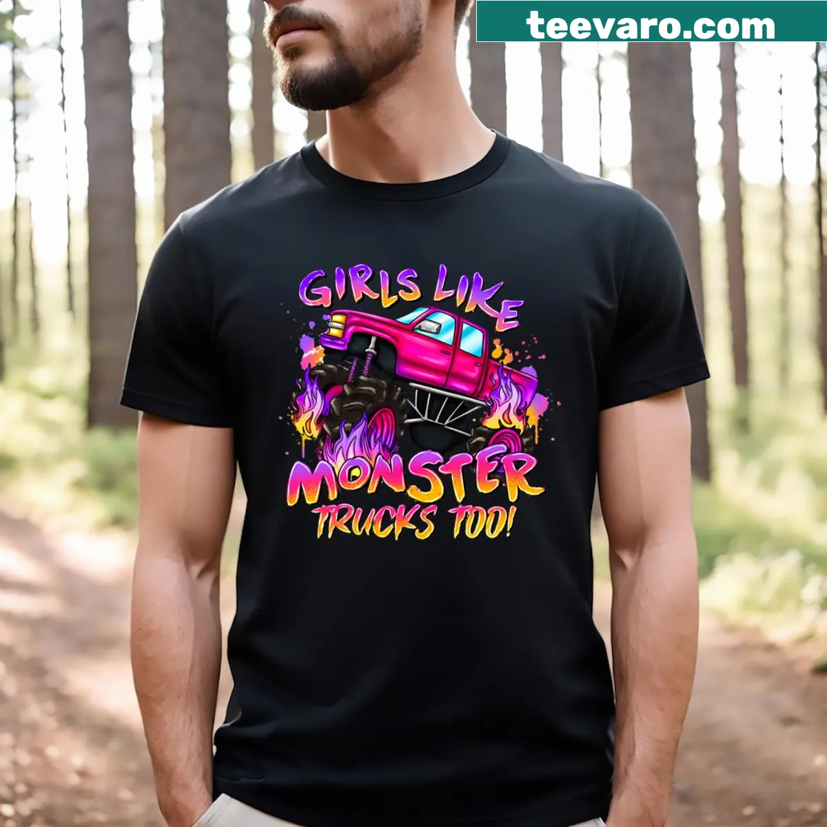 Illustrated t-shirt featuring a pink monster truck for girls