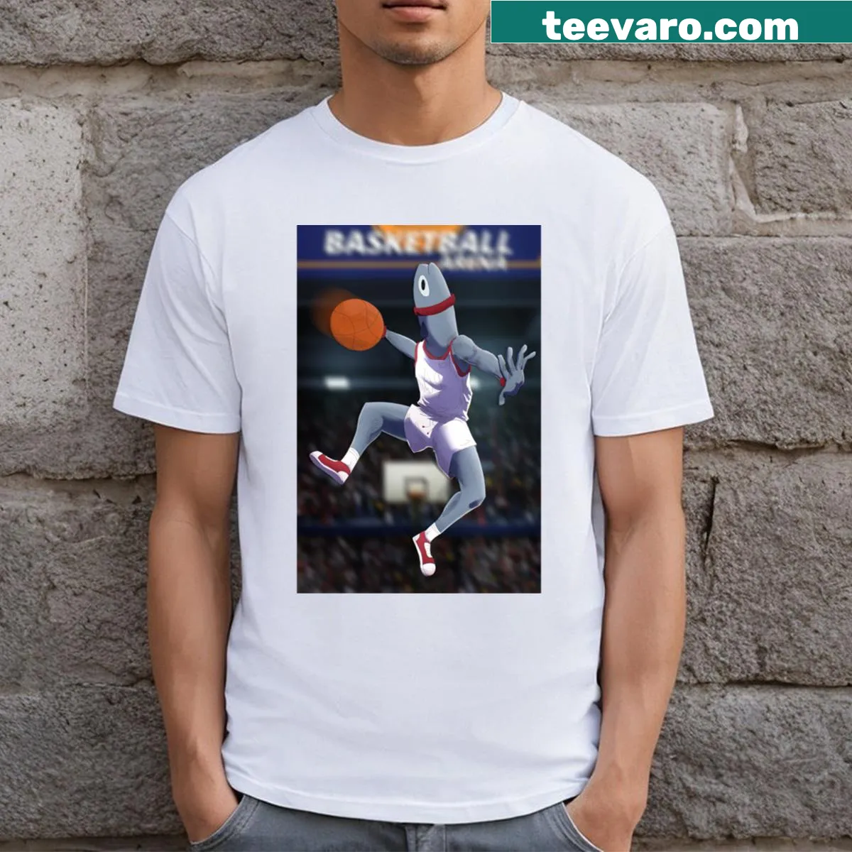 Funny long t-shirt with illustration of fish dunking a basketball