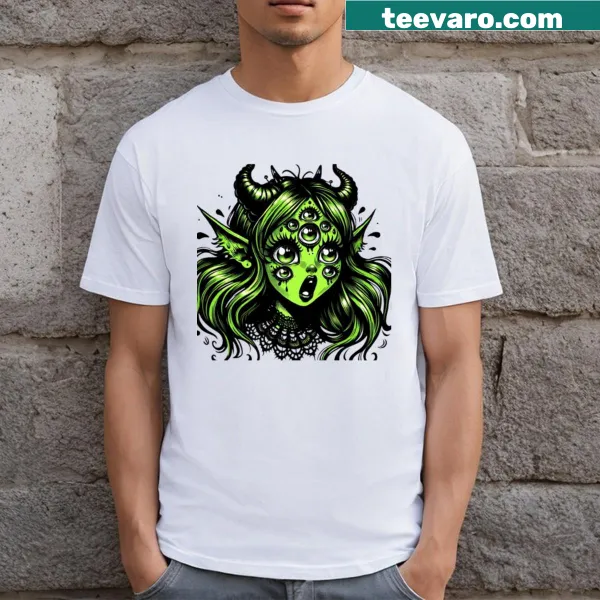 Illustrated green demon t-shirt with multiple eyes