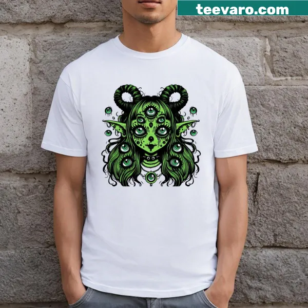 Graphic T-shirt featuring a green demon zombie girl design