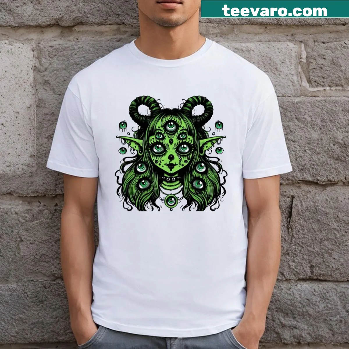 Graphic T-shirt featuring a green demon zombie girl design