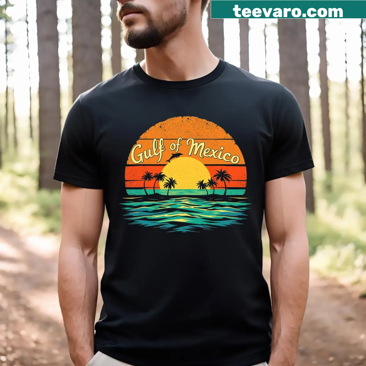 T-shirt featuring a beach scene with palm trees