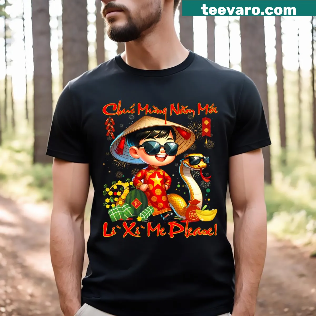 Tet celebration T-shirt with festive text and graphics for kids