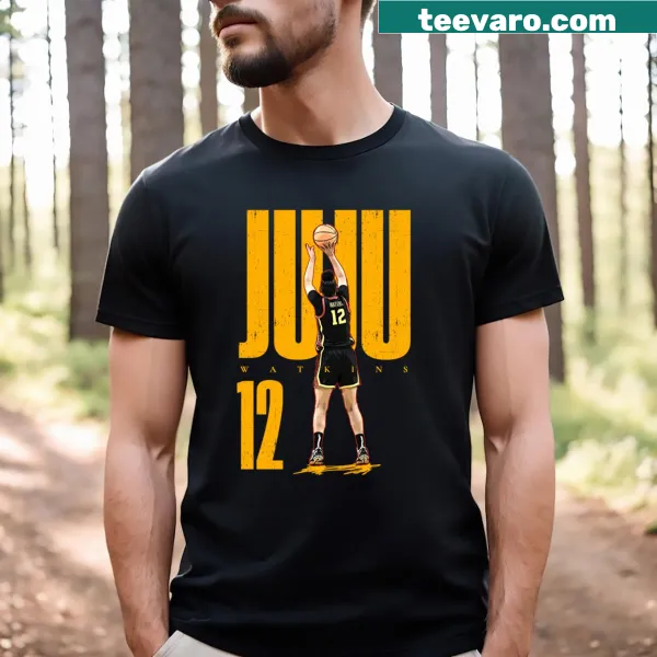 Cartoon-style Juju Watkins basketball T-shirt with free throw design