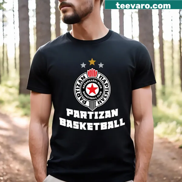 KK Partizan logo graphic on a basketball-themed t-shirt