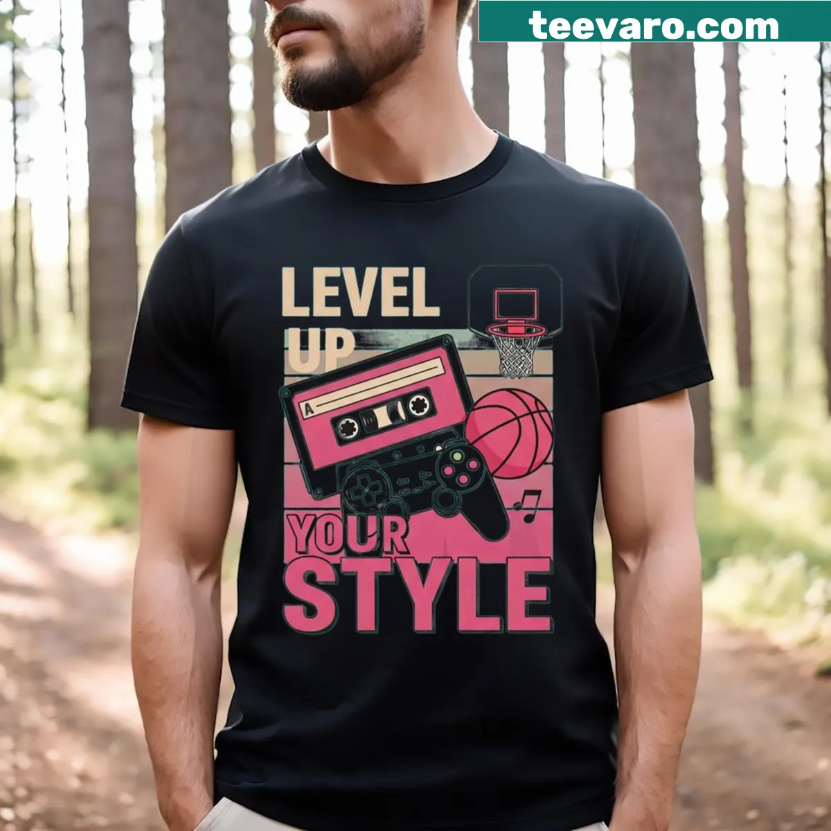 Text 'Level Up Your Style' with gaming and basketball graphics on a tee