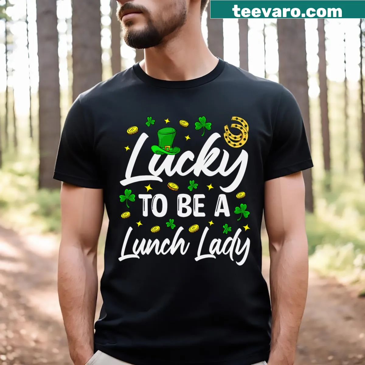 Playful St. Patrick's Day T-shirt with 'Lucky To Be A Lunch Lady' text.