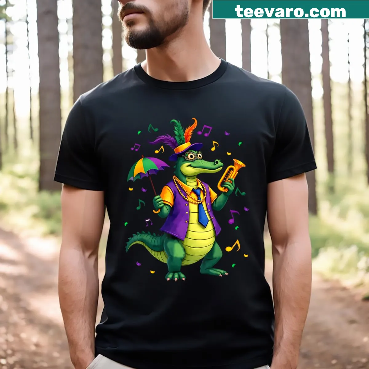 Cartoon alligator Mardi Gras t-shirt with funny graphic