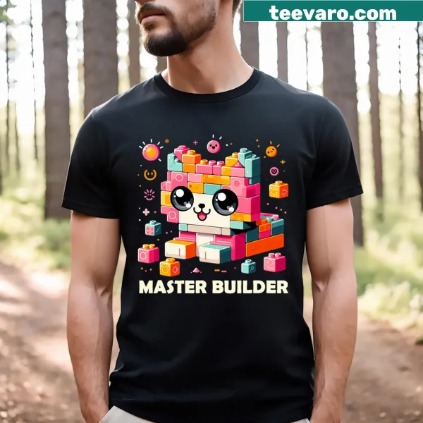 Design featuring building blocks and a cat for kids t-shirt