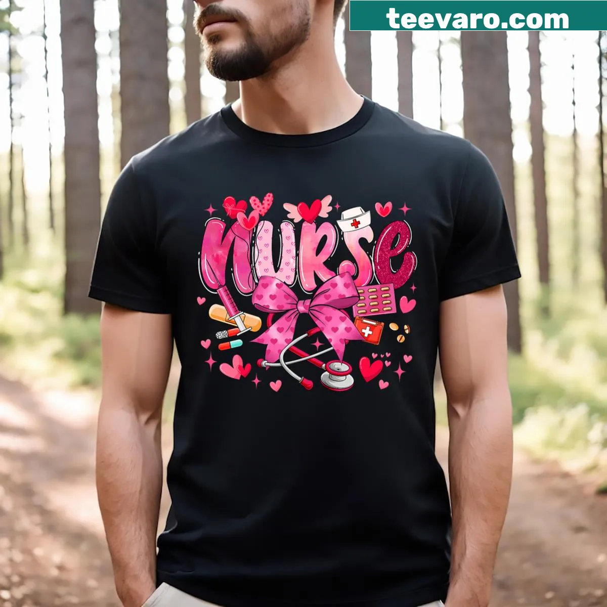 Cute Valentine's Day Nurse t-shirt with stethoscope and heart graphic.