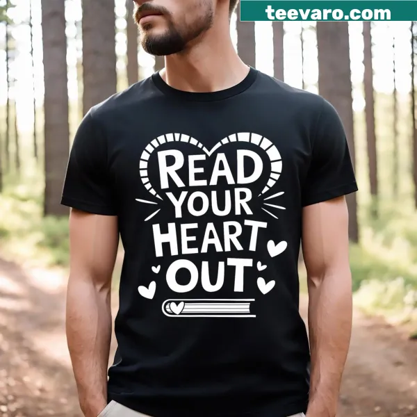 T-shirt with the phrase 'Read Your Heart Out' and book illustrations