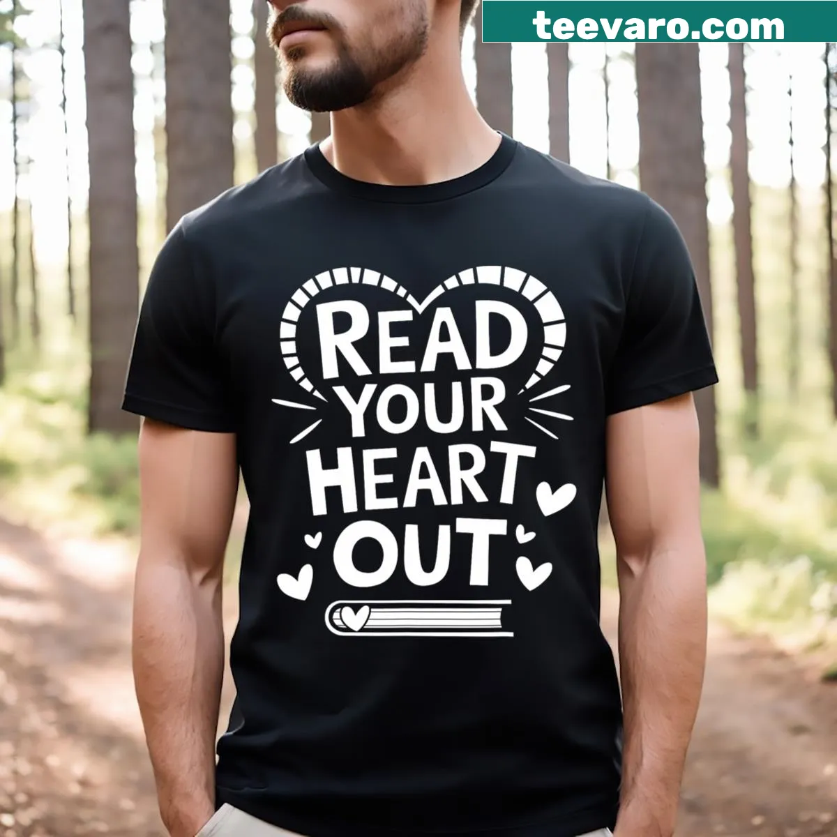 T-shirt with the phrase 'Read Your Heart Out' and book illustrations