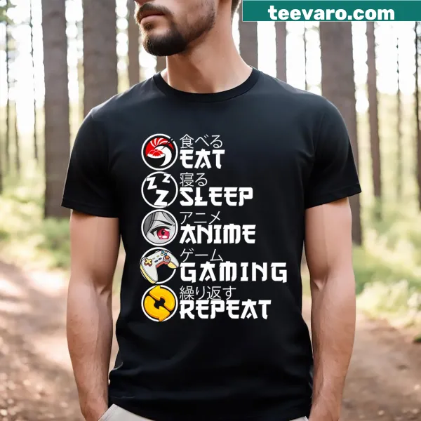 Retro gamer tee with 'Eat Sleep Anime Gaming Repeat' text in kawaii style