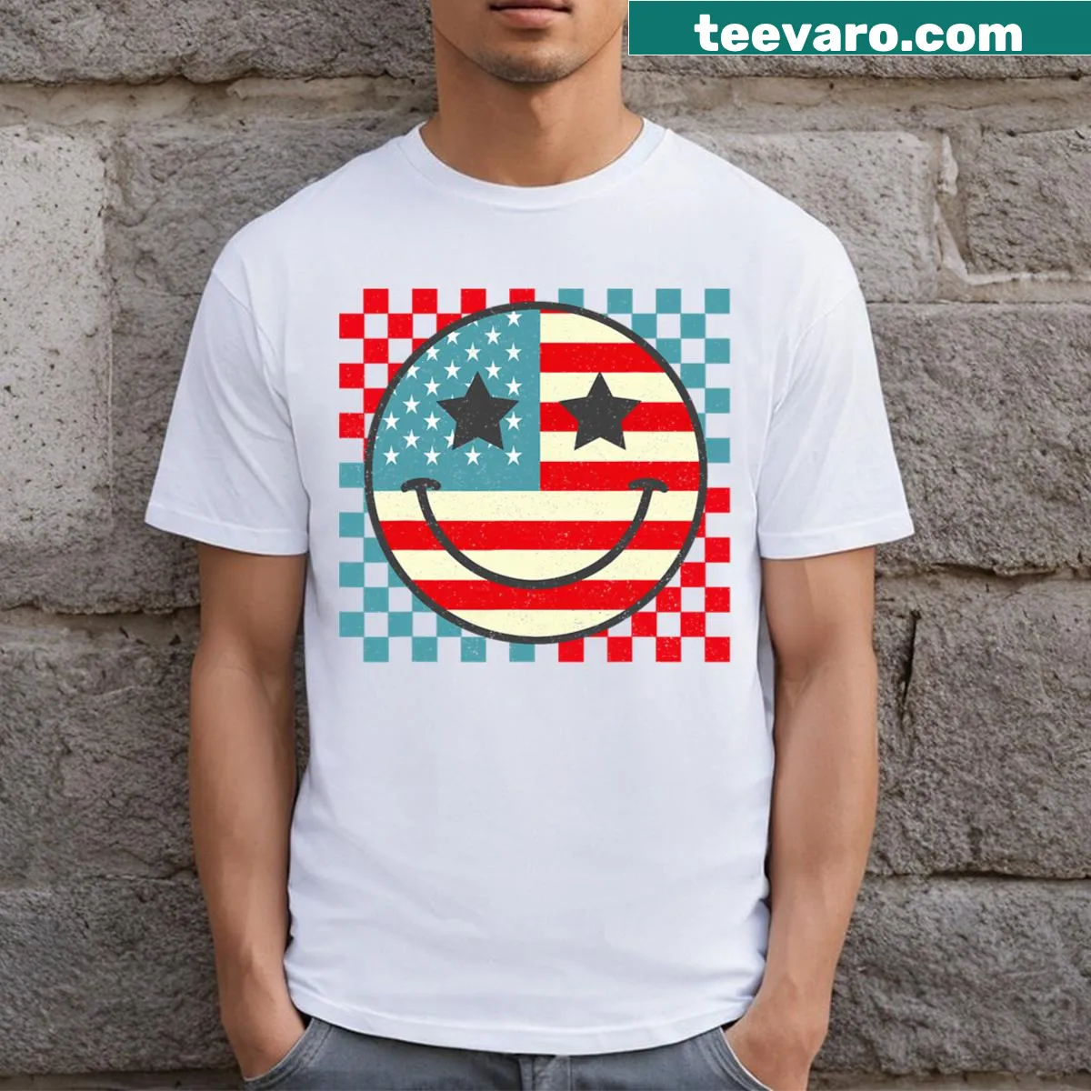 Retro groovy Fourth of July T-shirt with smiley face and checkered design