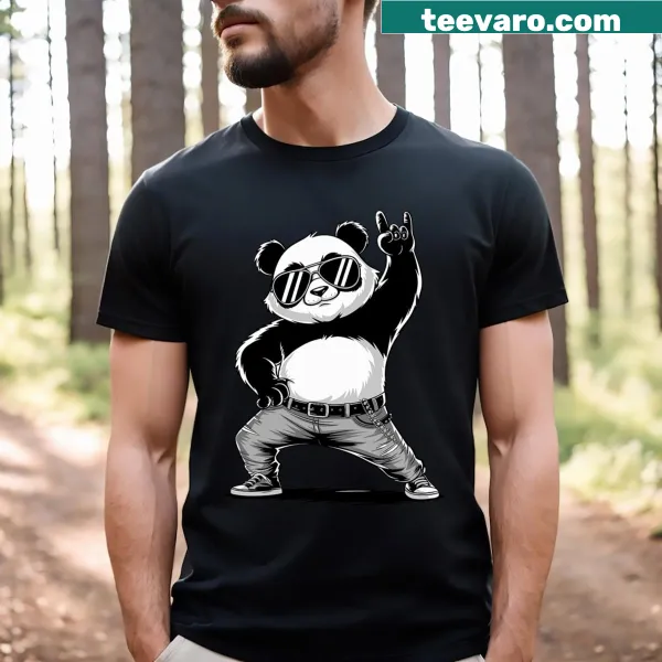 Retro panda graphic T-shirt with rock music theme