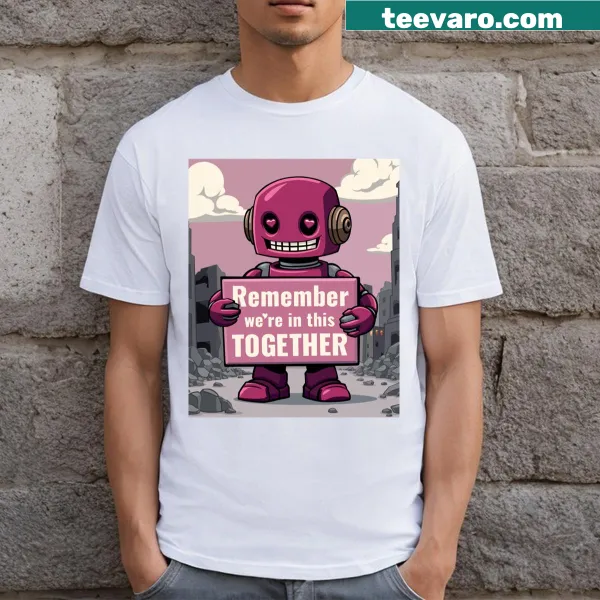 T-shirt with the phrase 'Robot Remember We're In This Together' in modern typography