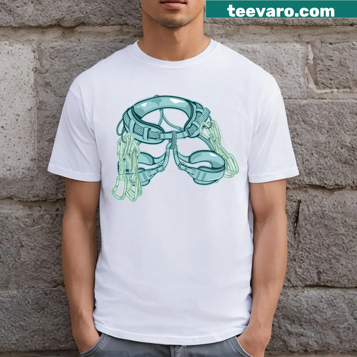 Rock climbing harness and quickdraws illustrated on T-shirt