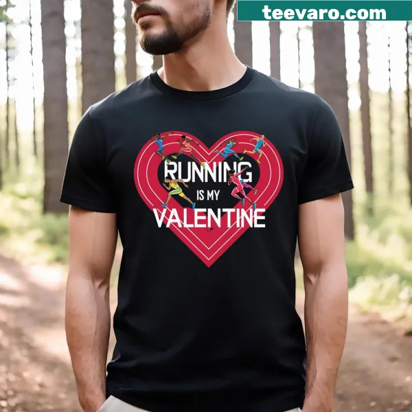T-shirt with heart and track design saying Running Is My Valentine