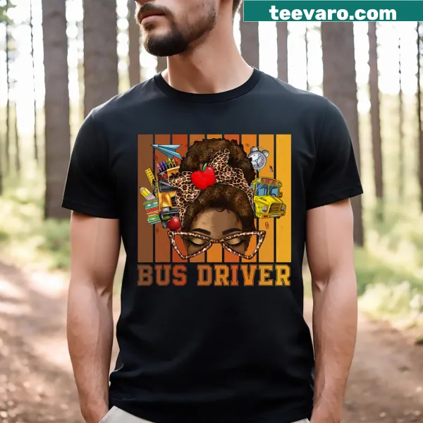 Illustration of a school bus driver with a messy bun on a Black History Month T-shirt