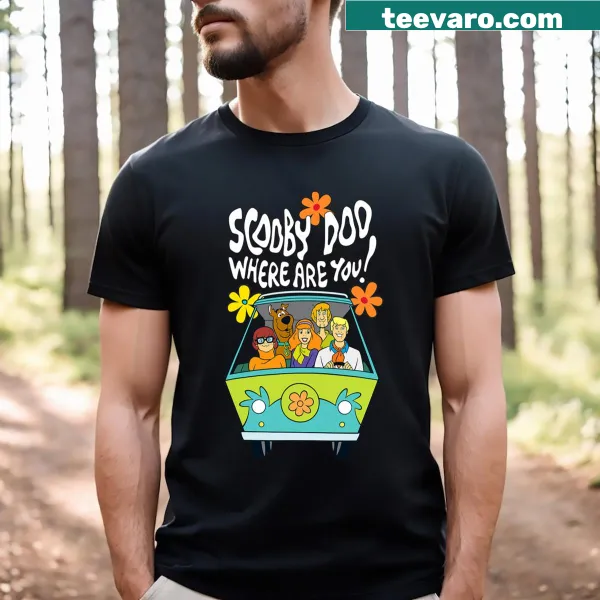 Vintage-style Scooby Doo t-shirt featuring the Mystery Machine and flowers