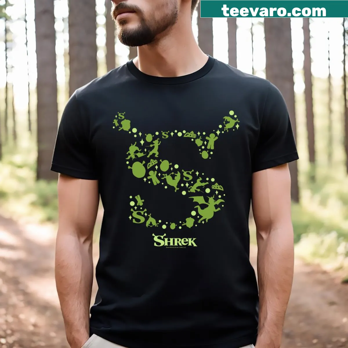 Playful T-shirt with Shrek character silhouettes and an 'S' logo