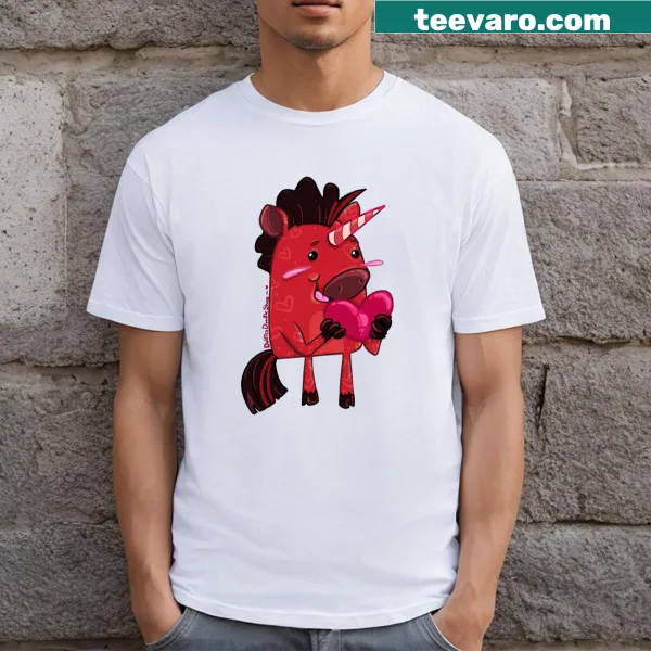 Cartoon unicorn with hearts on a playful Valentine's Day t-shirt