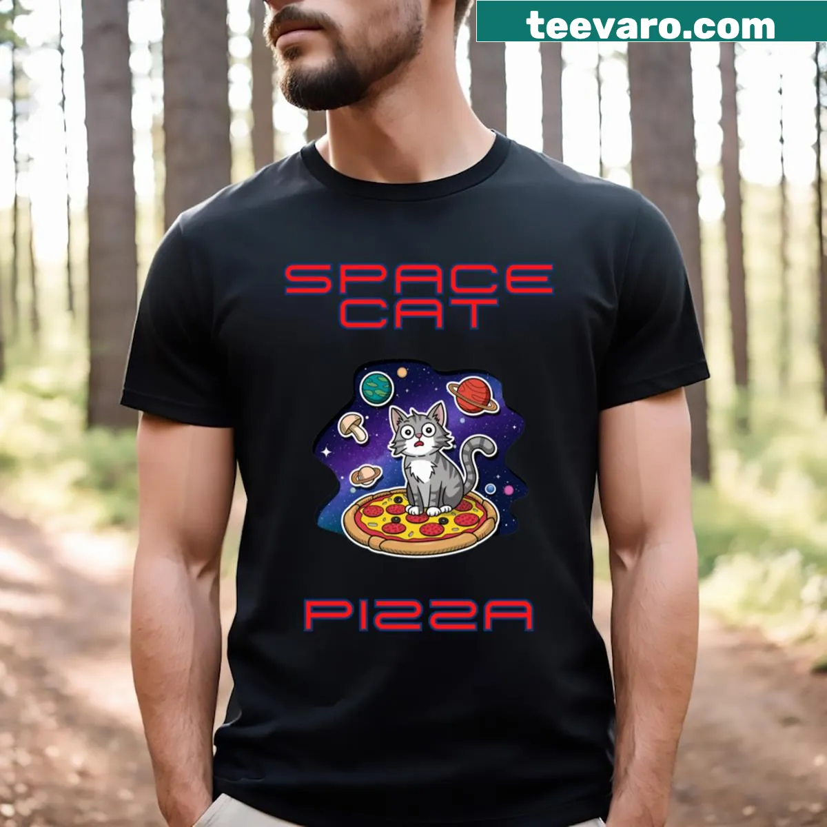 Illustrated t-shirt featuring a cat eating pizza in space