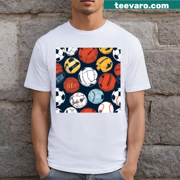 T-shirt with illustrated sports balls: soccer, basketball, volleyball