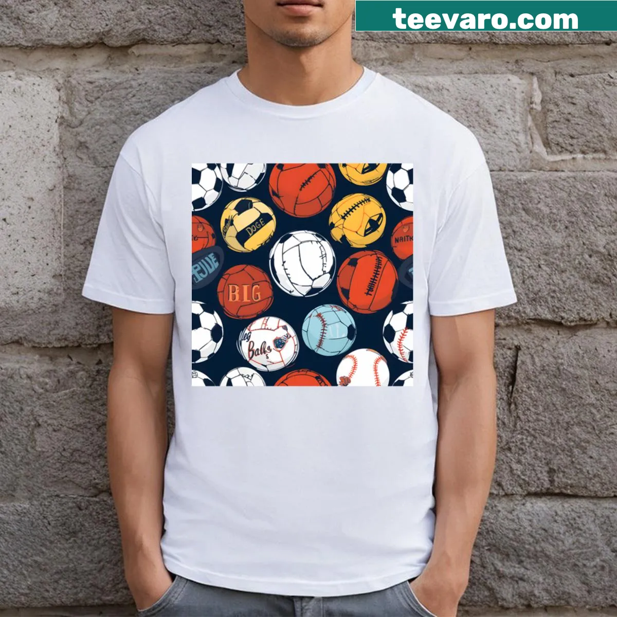T-shirt with illustrated sports balls: soccer, basketball, volleyball