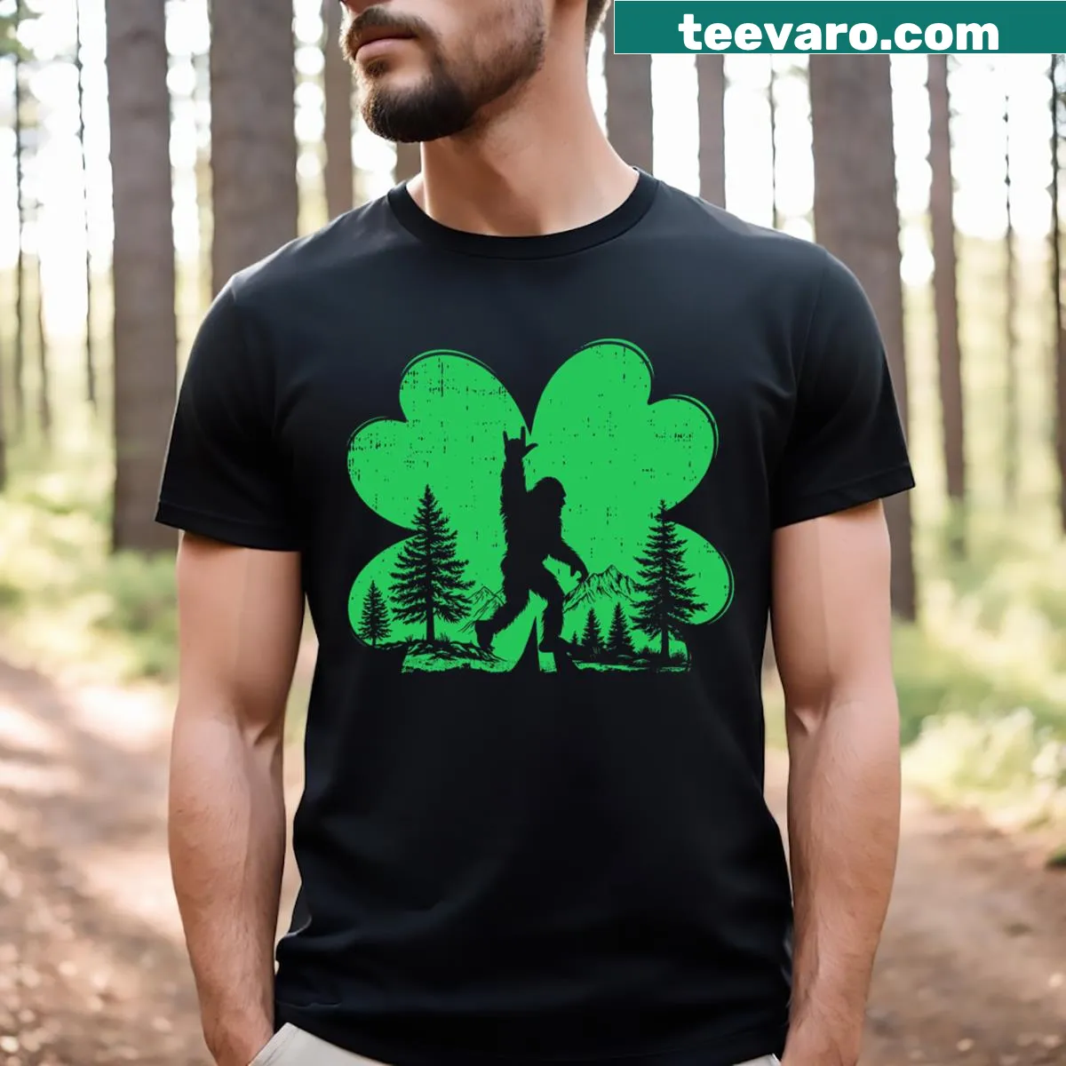 Kids T-shirt with Bigfoot character and shamrock for St. Patrick's Day