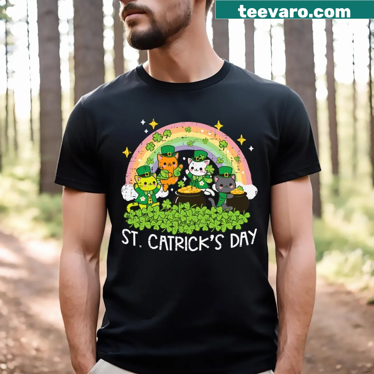 Cartoon cats in festive attire on kids t-shirt for St. Patrick's Day