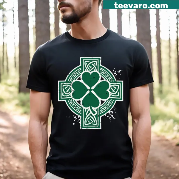 Kids T-shirt featuring a Celtic knot, clover, and cross for St. Patrick's Day