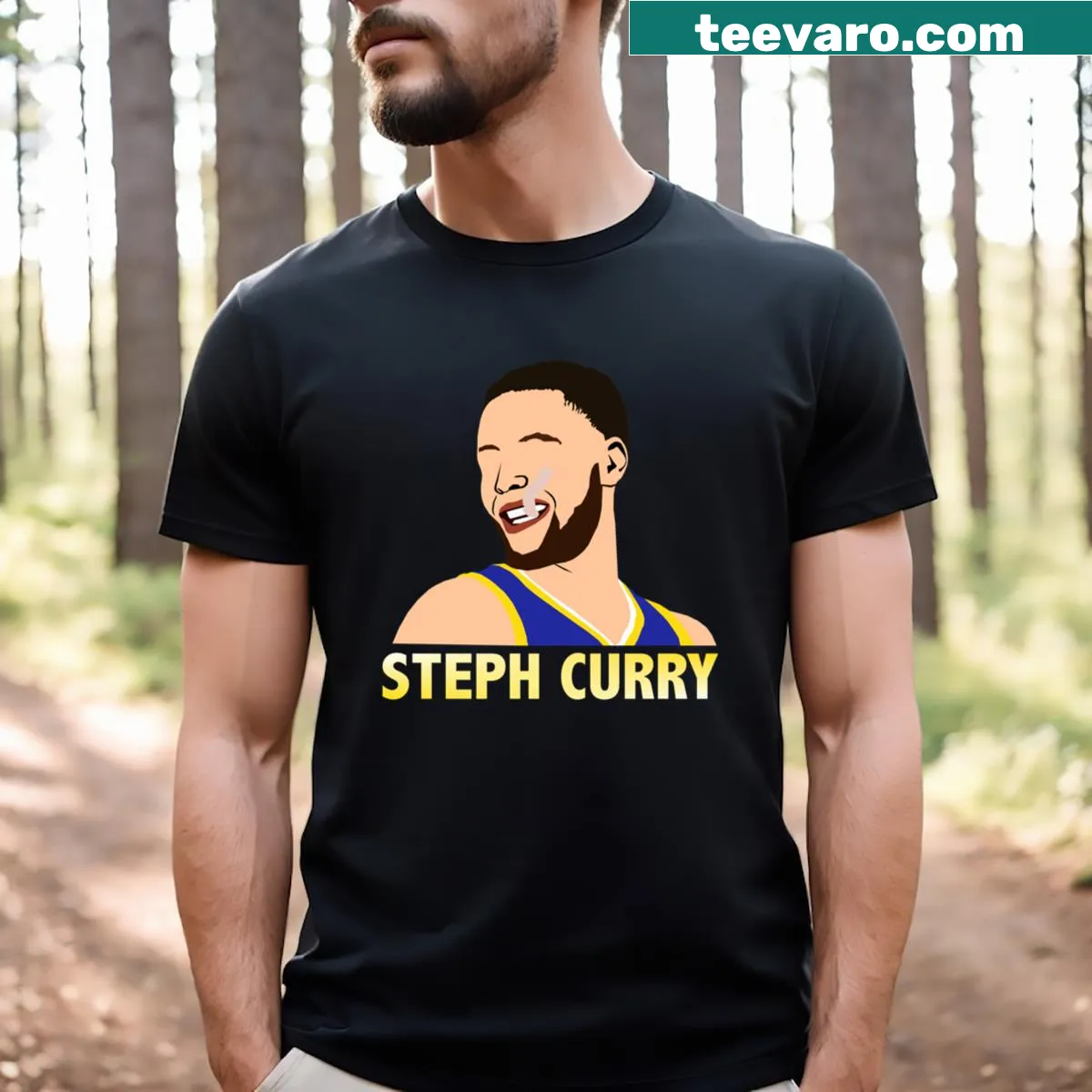 Illustration of Steph Curry in T-shirt design celebrating basketball.