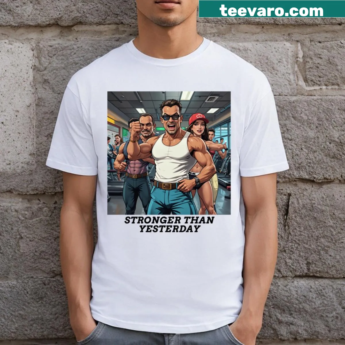 Inspirational t-shirt with the phrase 'Stronger Than Yesterday' in bold typography.