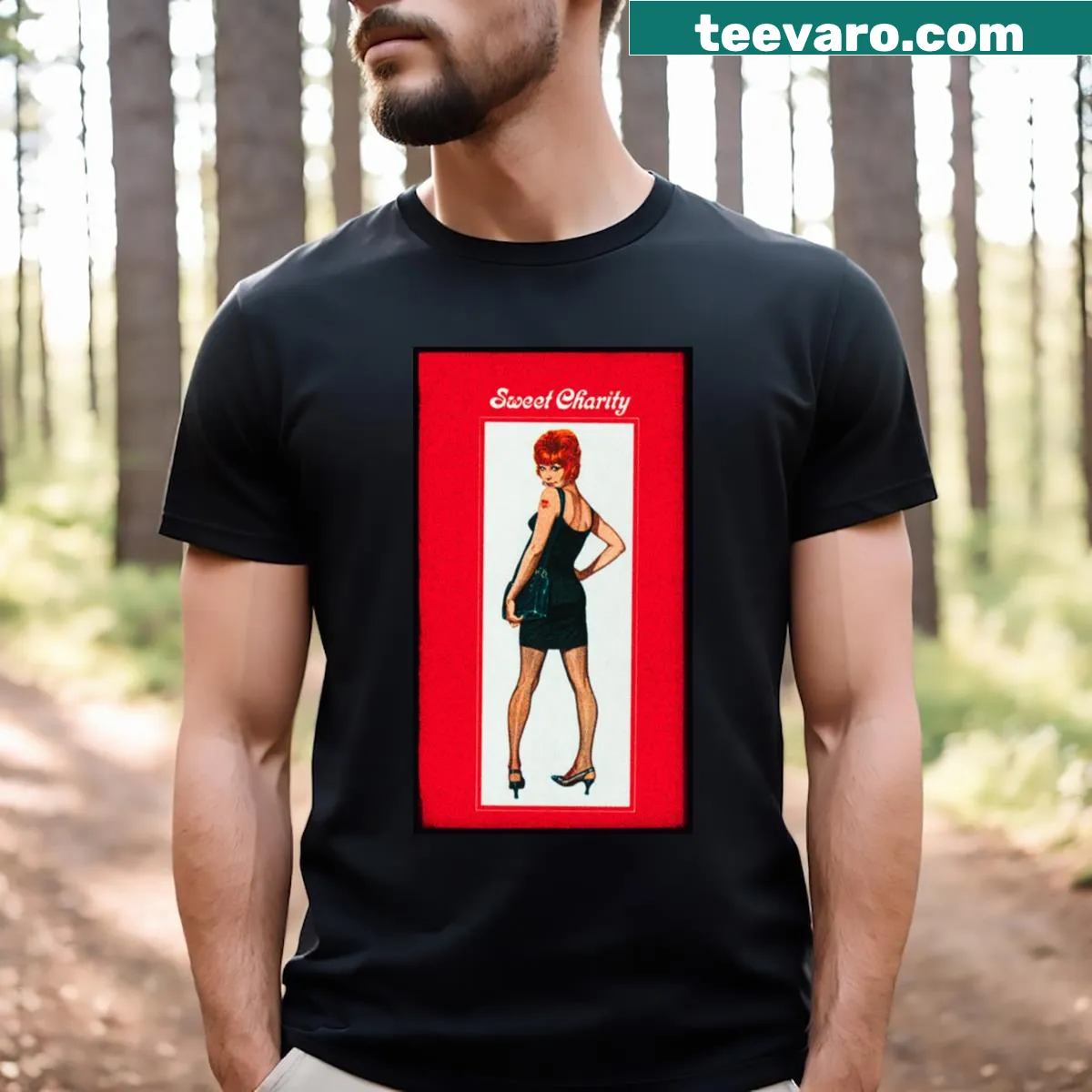 Cheerful t-shirt with 'Sweet Charity' phrase in playful typography.