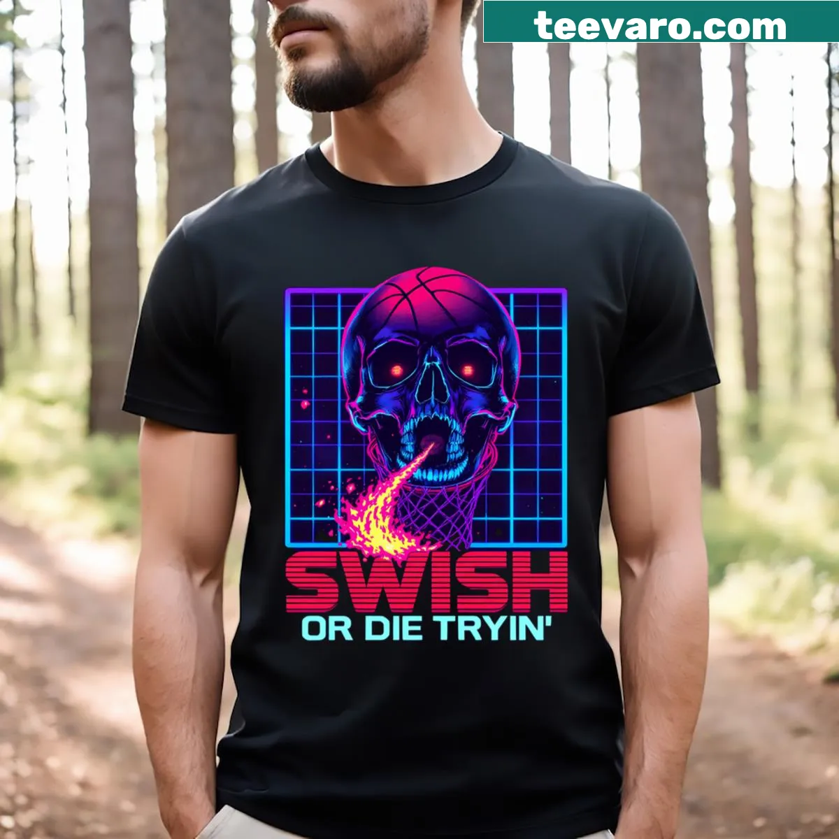 Playful t-shirt with 'Swish Or Die Tryin'' in neon letters