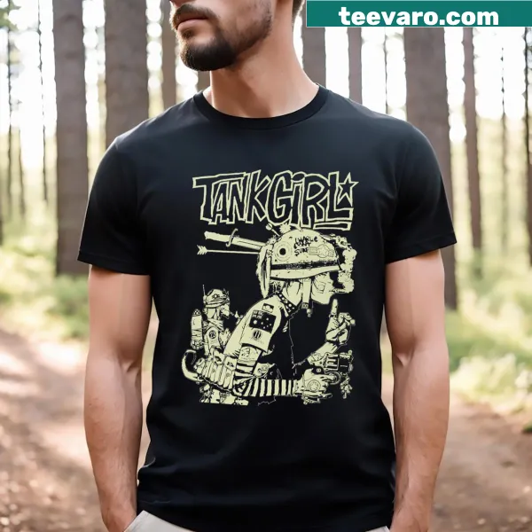 Cartoon-style t-shirt featuring the iconic Tank Girl character.