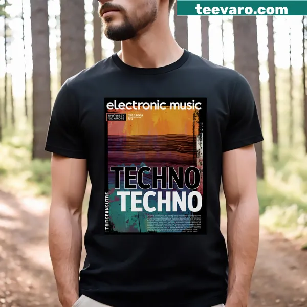 Bold typography T-shirt celebrating techno music