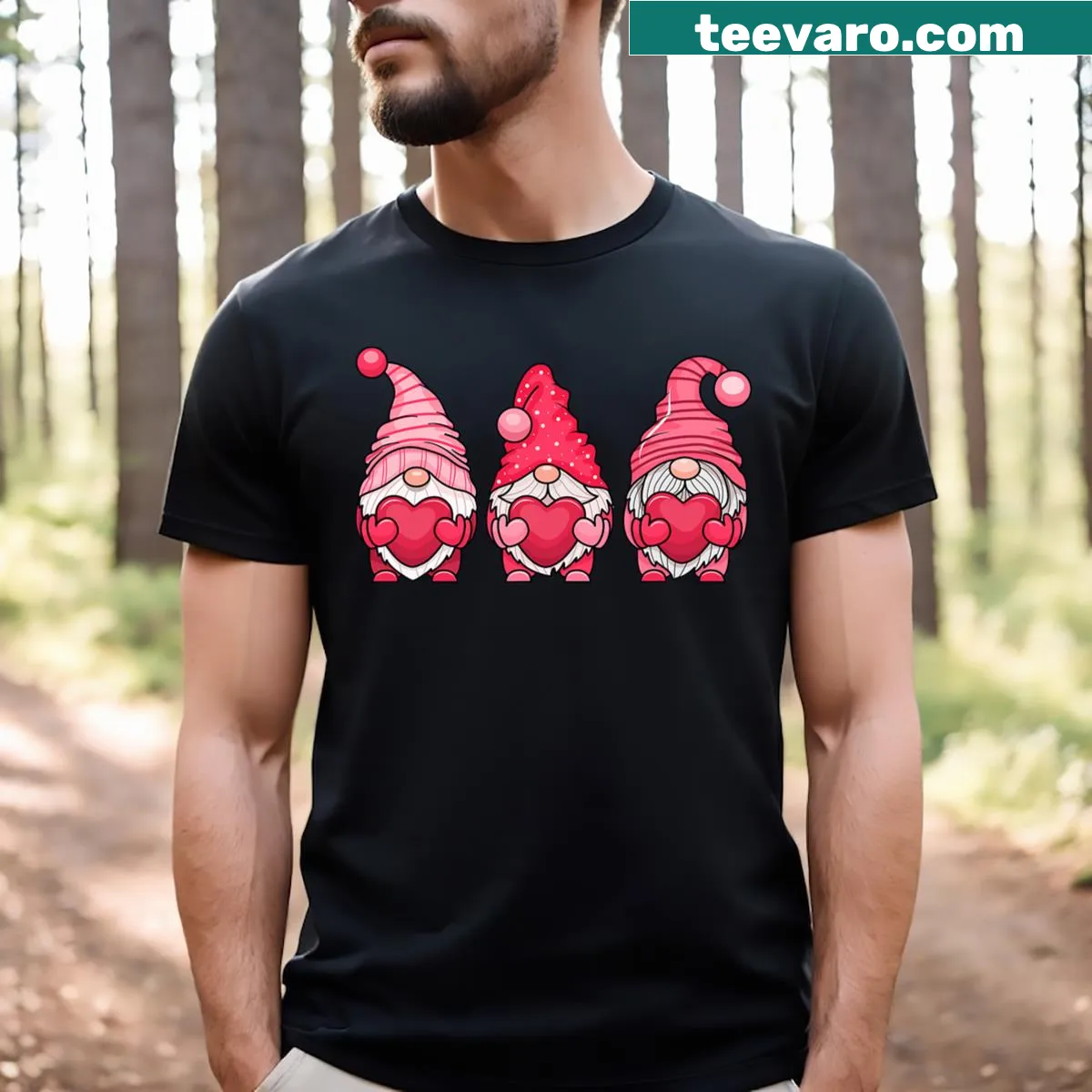 Cute Valentine's Day t-shirt featuring three gnomes holding hearts