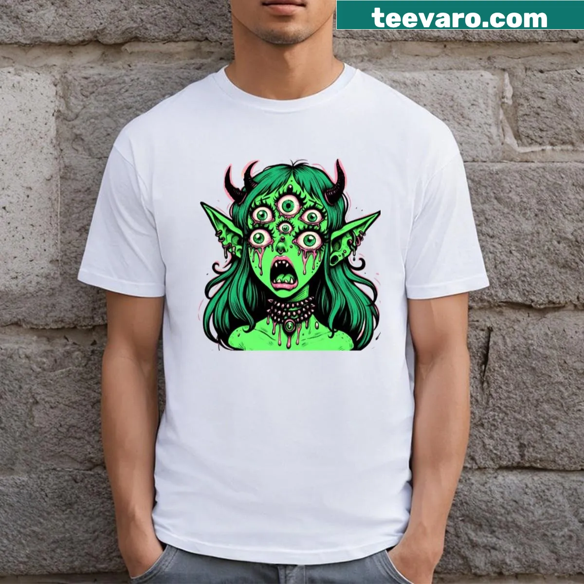 Illustrated T-shirt featuring a crying green demon girl