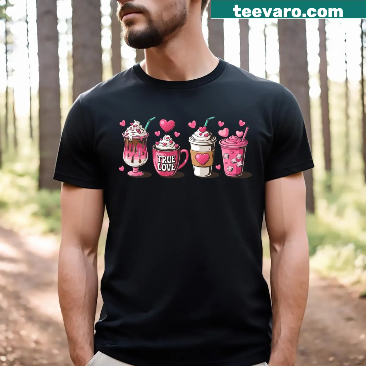 Cute T-shirt with illustrations of coffee cups and lattes.