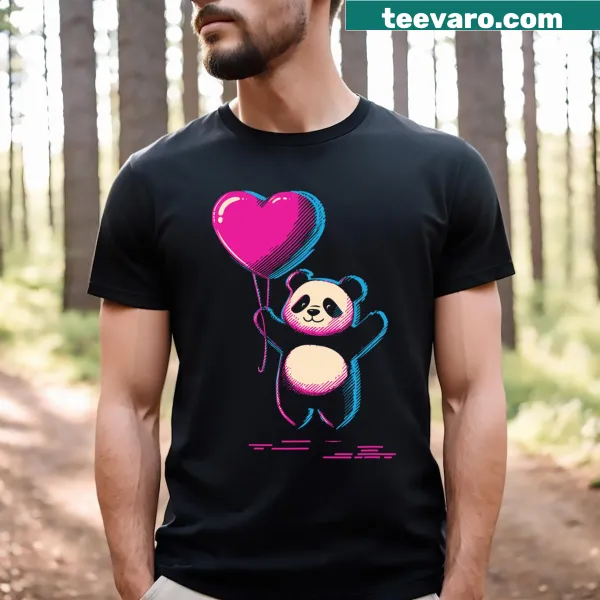 Retro pixel art T-shirt with panda holding a heart balloon
