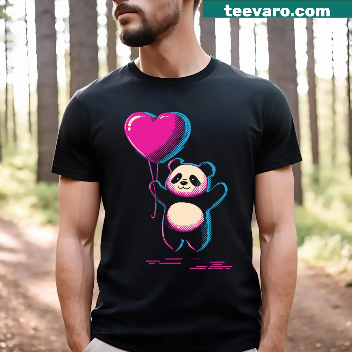 Retro pixel art T-shirt with panda holding a heart balloon