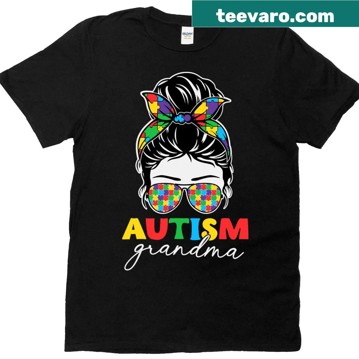 T-shirt depicting a grandma with a messy bun and bandana, promoting autism awareness — on a men's t-shirt