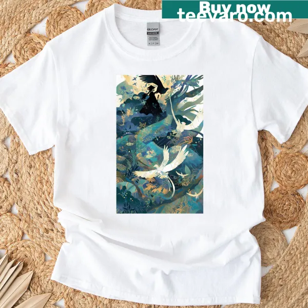 Illustrative Bird Whirlwind t-shirt featuring swirling birds