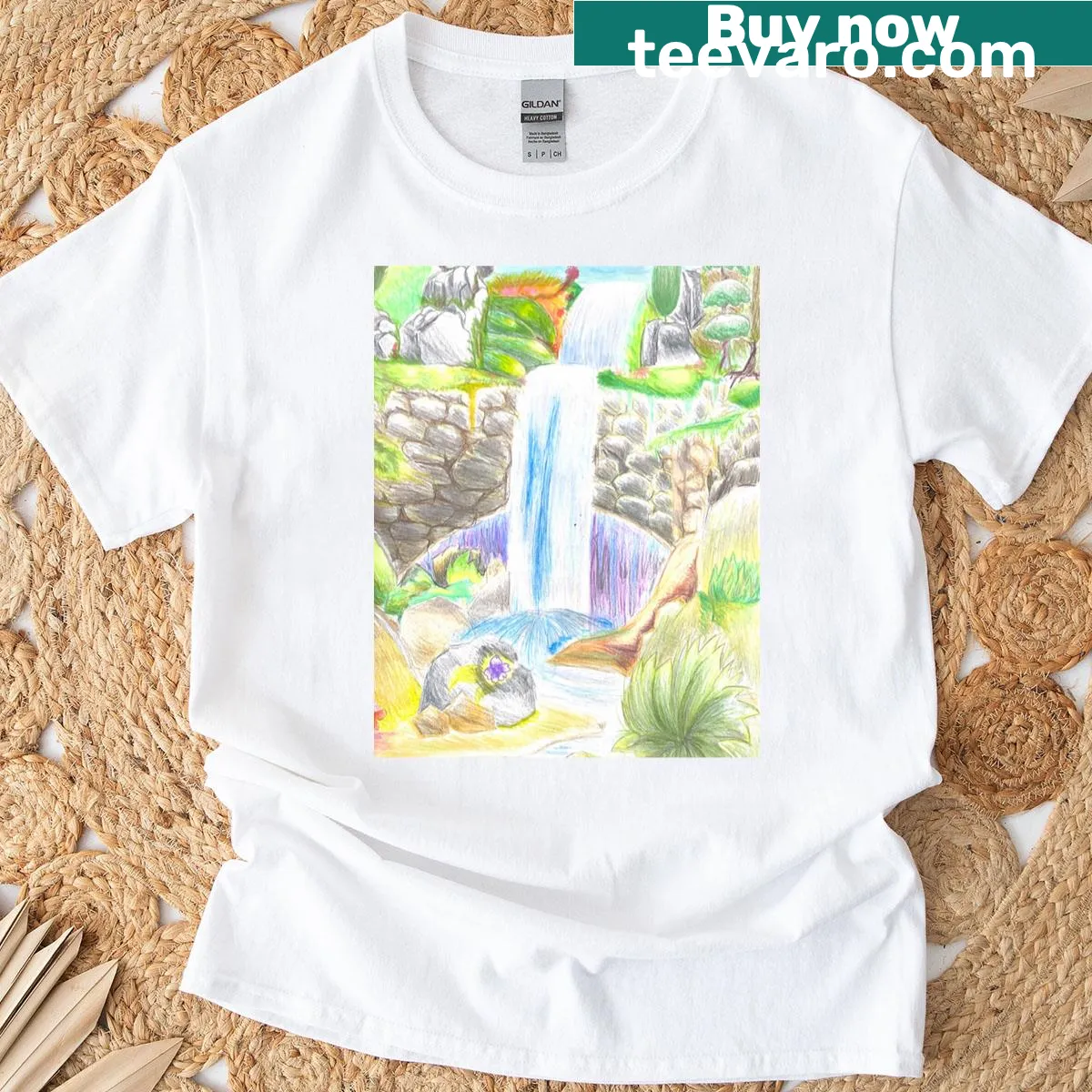 T-shirt featuring a bridge over a waterfall illustration — on a men's t-shirt