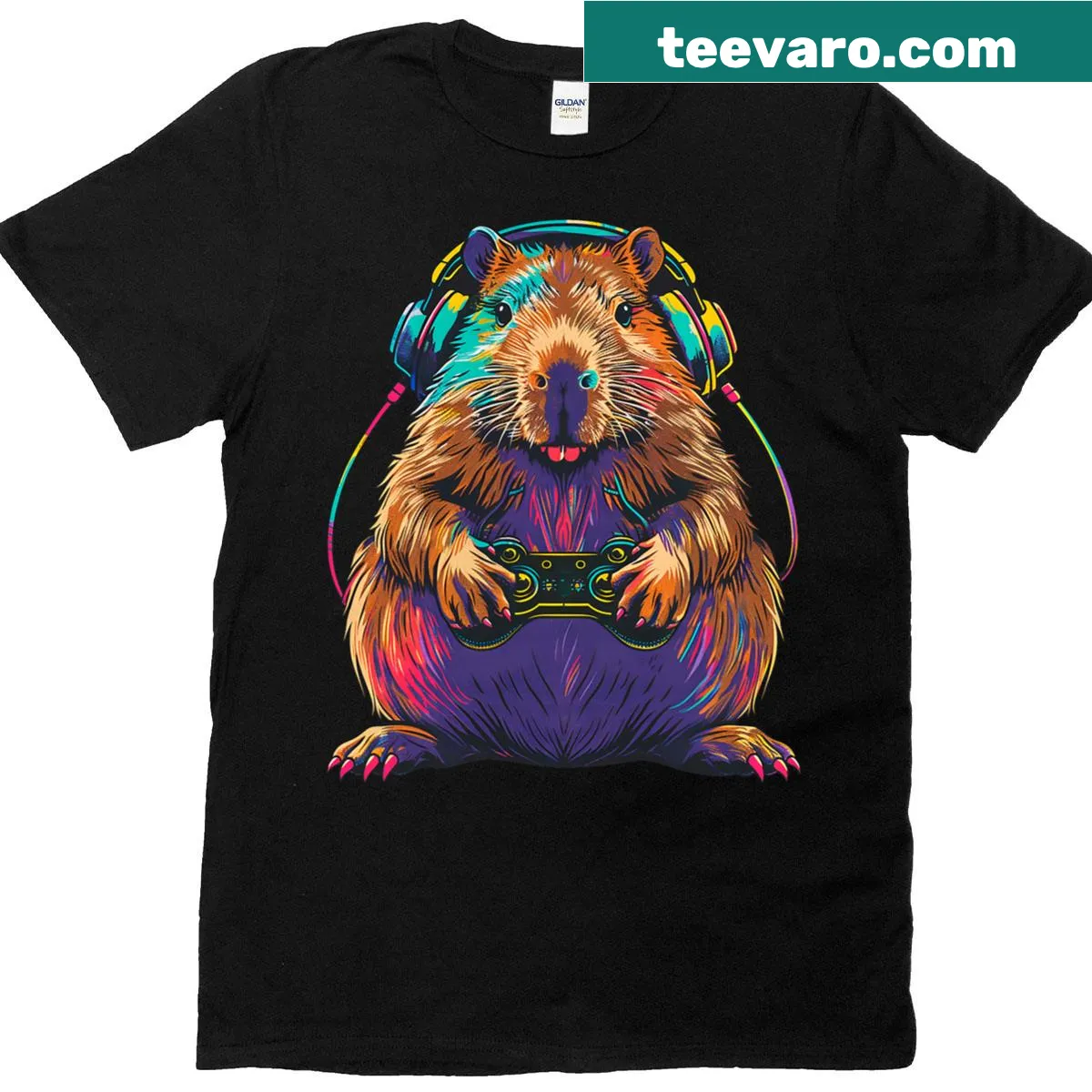 Capybara playing video games illustration on a t-shirt — on a men's t-shirt