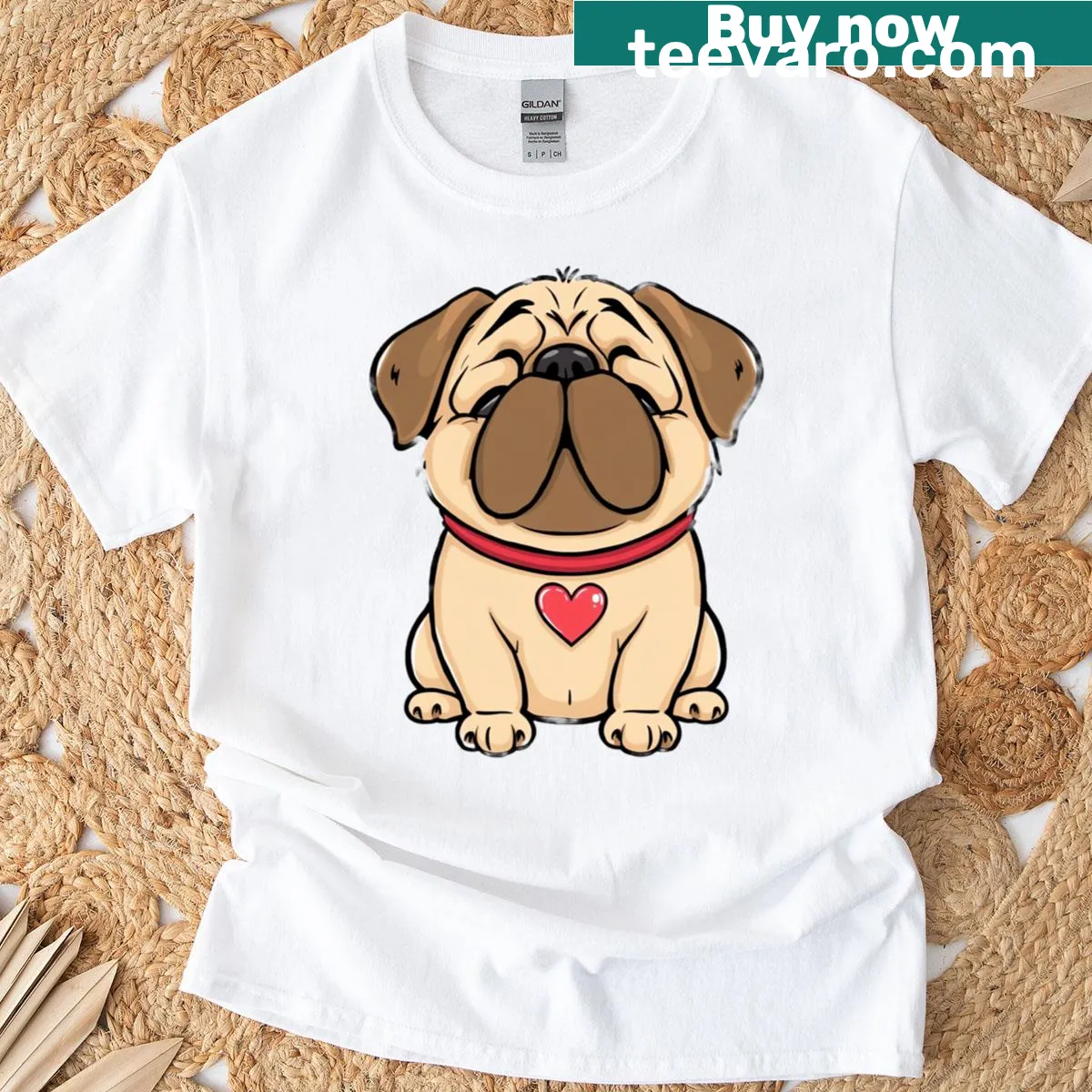 T-shirt featuring a cartoon pug with a heart collar — on a men's t-shirt