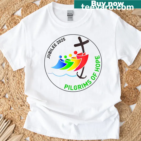 Stained glass design t-shirt for Catholic Jubilee 2025 with pilgrims of hope.