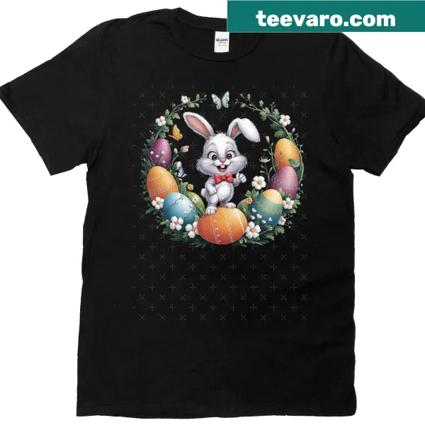 Cheerful Easter bunny t-shirt with colorful eggs illustration.